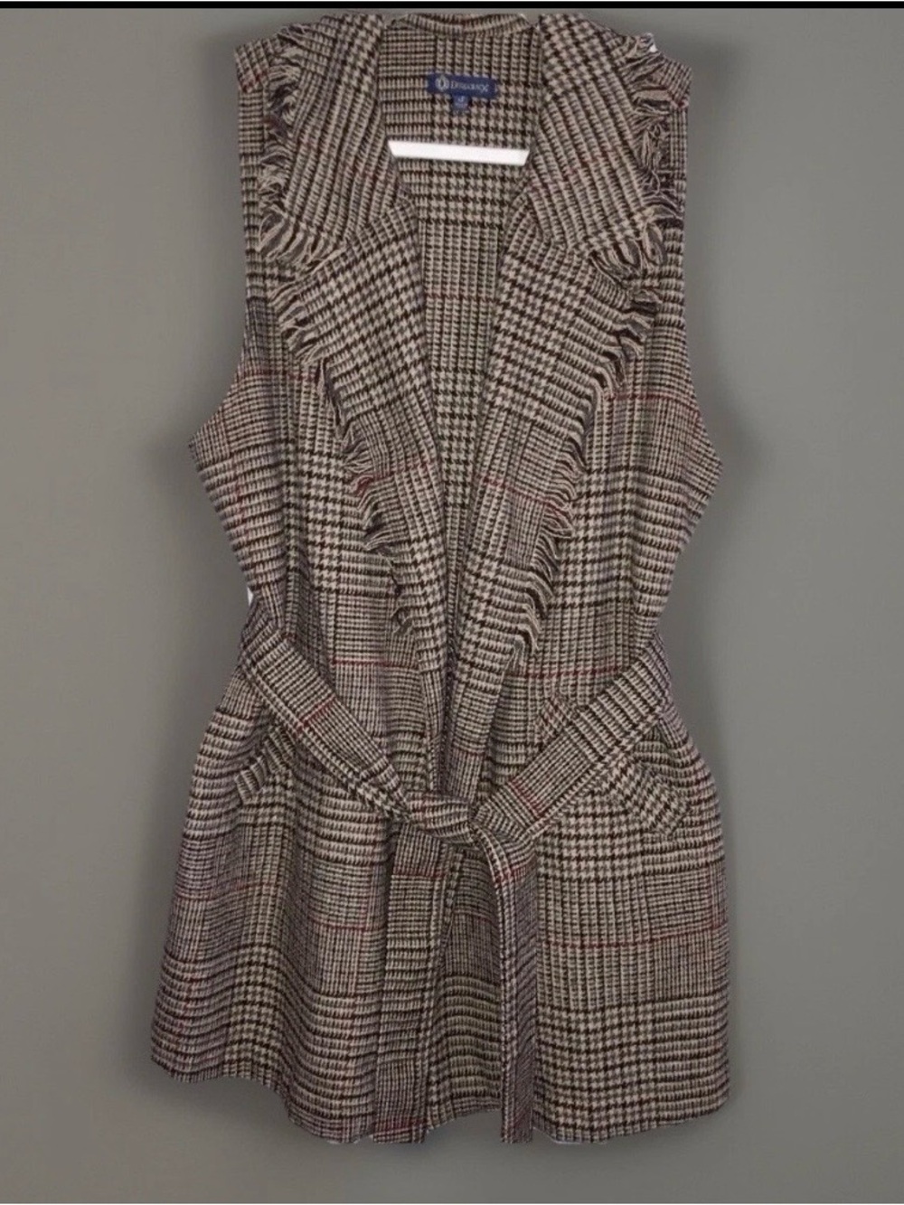 Democracy Long Open Sleeveless Vest Houndstooth Boho Western Belted Fringe Sz S